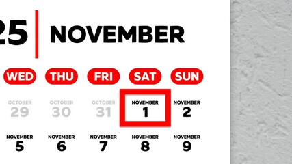 The date November 1st marked with a red cursor on the wall calendar 2025