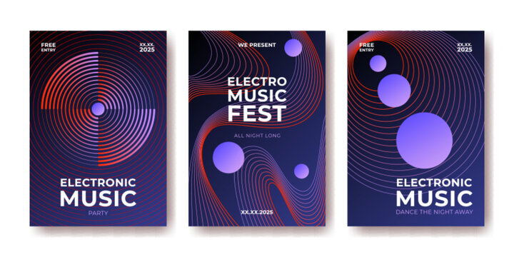 Electro music sound festival posters with circular waves and purple spheres for dance events - vibrant gradient shapes on dark bg. Electronic party flyer with rhythmic patterns for nightclub promotion - Powered by Adobe