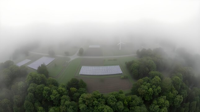 misty morning in the morning with copyspace for wind turbines and solar panels