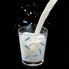 a glass of milk being poured. The milky liquid is infused with translucent, icy blue, rod-shaped Listeria monocytogenes bacteria, giving the milk a haunting, ethereal glow. A few droplets are suspende