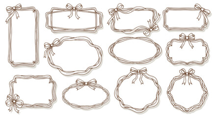 Collection of twelve decorative frames with ribbon bows in sketch style