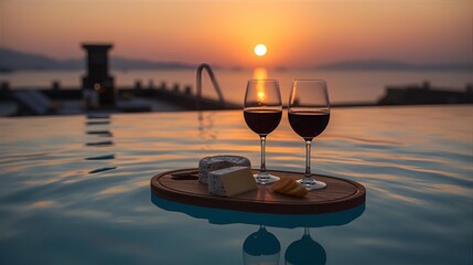 A serene and romantic escape featuring red wine and a cheese platter in an infinity pool against a stunning ocean sunset