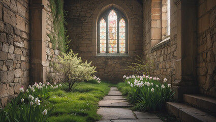 Fototapeta premium Interior of old church with stained glass and flowers