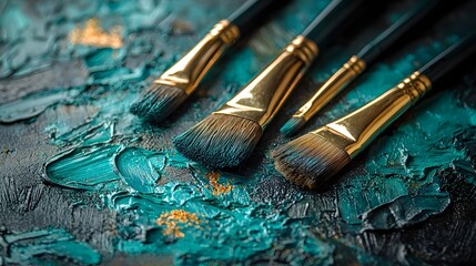 Obraz premium Close up of art brushes resting on a richly textured background of thick teal and gold paint