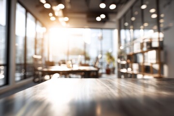 Blurred modern office background with soft sunlight coming through.