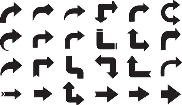Diverse collection of black directional arrows and curving symbols for navigation and design vector
