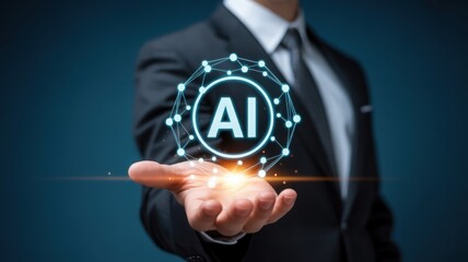 Artificial Intelligence Concept with Businessman Holding AI