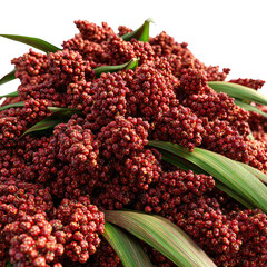 Obraz premium Close-up of a cluster of deep reddish-purple grains, densely packed, with long, wide, green-and-reddish leaves