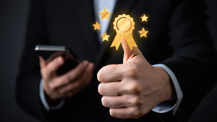 Hand giving thumbs up gesture with golden award ribbon and stars symbolizing achievement success and excellent performance recognition