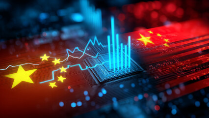 Artificial intelligence chip with glowing stock market graph and flag on circuit board showing technology growth