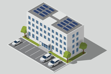 Modern office building with solar panels on roof and cars in parking lot