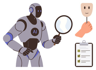 Robot with AI text examines mask using magnifying glass beside a checklist with green markers. Ideal for AI ethics, identity verification, analysis, automation, data science, cybersecurity, simple