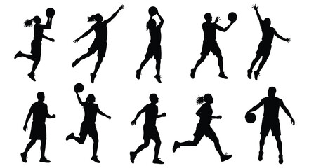 basketball players in various action poses during game