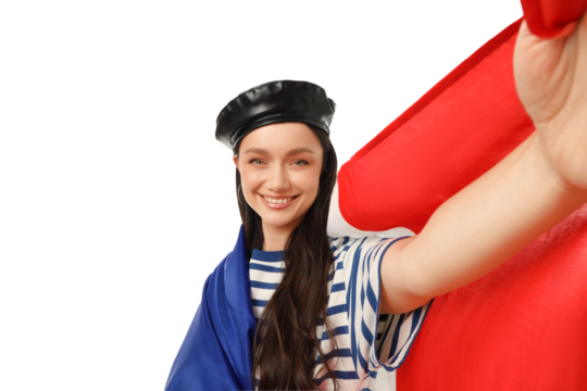 Woman in striped shirt waves flag, smiles, isolated on white, PNG - Powered by Adobe