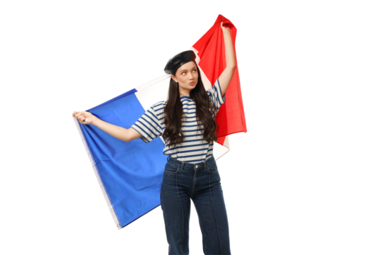 Girl in stripes and beret with flags, isolated on white, PNG