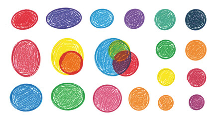 A collection of colorful crayon drawn ovals scattered on white background