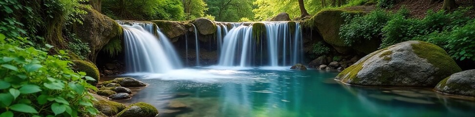 Obraz premium Serene pond waterfall cascading over moss-covered rocks, sunlight illuminating the crystal clear water Perfect for nature, tranquility, and relaxation themes , serene, summer