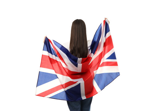 Person holds Union Jack flag while facing away, isolated on white, PNG