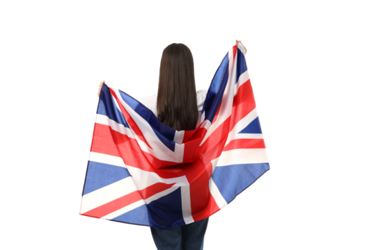 Person holds Union Jack flag while facing away, isolated on white, PNG