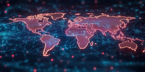 This digital rendering showcases the world map formed by interconnected data lines and dots, symbolizing global networking.