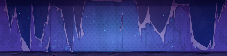 Fototapeta na wymiar Night scene with torn wallpaper on abandoned wall - broken purple paper edges on dark surface, glowing particles and mystical atmosphere. Damaged interior bg for horror or mystery game environments.