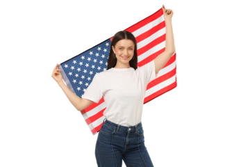 Woman celebrates national pride with American flag, isolated on white, PNG