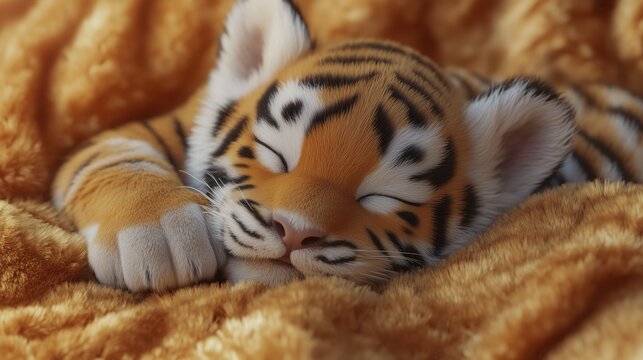 Cute baby tiger sleeping on soft blanket with closed eyes small wild animal resting in warm cozy scene