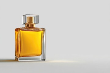 Amber perfume bottle on gray background