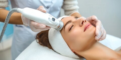 Facial treatment being administered to a woman at a beauty spa, promoting skin wellness.