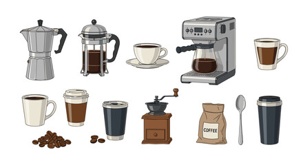 Illustration of various coffee brewing methods and related accessories