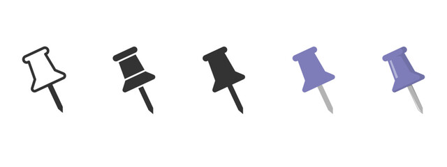 Vector push pin set in purple, black, and outline styles. Thumbtack icons for corkboards, office stationery, notes, reminders, planners, maps, and modern digital design projects