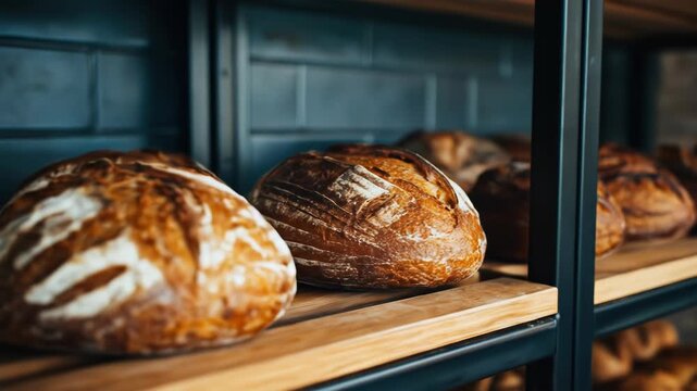 Golden-brown artisan loaves rest on rustic wooden shelves against a deep teal tiled backdrop, showcasing their crusty textures and appealing aroma