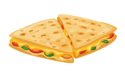 A cartoon illustration of a delicious quesadilla cut in half, showing melted cheese and vegetables. (Created Using Generative AI Tools)