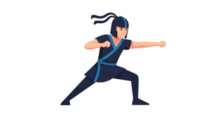 A cartoon ninja character in a dynamic fighting pose, demonstrating martial arts skill and discipline with a powerful punch. Vector illustration isolated on white