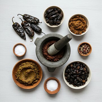 flat lay showcasing the process of making "recado negro," with a large, rustic mortar and pestle in the center, surrounded by the charred, aromatic chiles and spices used to create the paste.