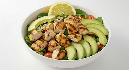 Grilled Chicken Salad with Avocado and Lemon in a Bowl