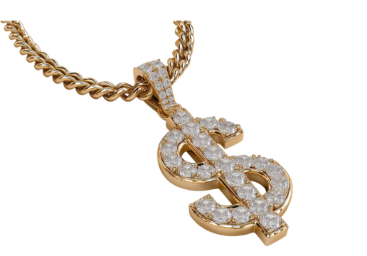  jewelry pendant with a dollar sign and diamonds, on a cuban link chain, against a white background, 