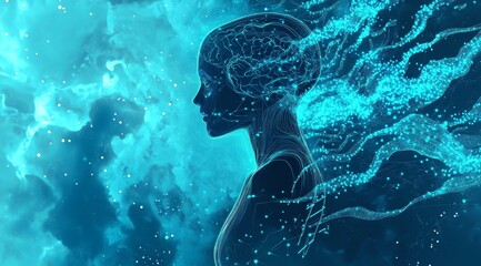 Abstract digital human figure surrounded by blue and white DNA strands, set against an intricate background of circuitry patterns and data streams. The color scheme is cool with shades of cyan