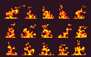 Anime fire background set with bright red and yellow flames on dark surface for game effects or animation. Various flame shapes and sizes with dynamic movement patterns. Stylized cartoon blazes