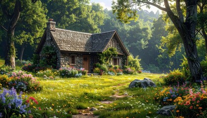 Fototapeta premium A quaint stone cottage nestled amidst a vibrant meadow and lush forest, bathed in the warm glow of sunlight.