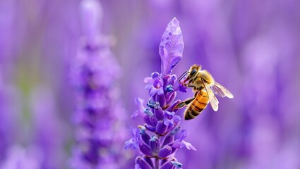 Close-up of honeybee collecting nectar from lavender flowers in natural sunlight.