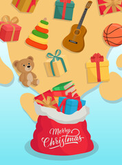 Merry Christmas greeting card with presents and kids toys from Santa's red bag