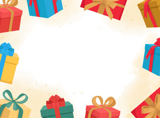 Obraz premium Presents background Christmas or birthday colorful gifts card Presenrs form Santa Claus