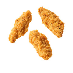 Three crispy golden fried chicken tenders on a black background