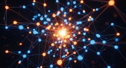 Fototapeta premium Dynamic network of connected nodes with bright light and glowing particles