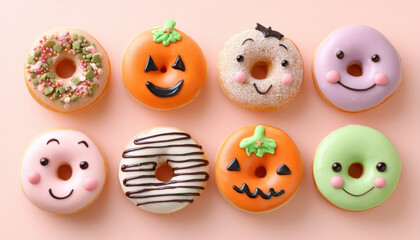 Naklejka premium Halloween donuts with colorful icing, fun face, pumpkin, and sprinkle decoration, arranged on pastel background, evoke playful and festive mood, perfect for autumn celebration