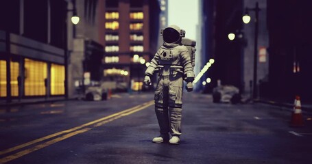 A lone astronaut in a white spacesuit explores a deserted city street during twilight. Dim city lights reflect off skyscrapers, casting a surreal ambiance on the scene. - Powered by Adobe