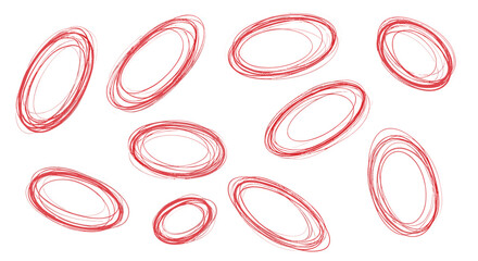 A collection of red sketched ellipses scattered on a white background