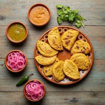 A vibrant, overhead flat lay of Panuchos and Salbutes arranged artfully on a traditional clay plate, surrounded by small bowls of pickled red onions, habanero salsa, and a sprig of fresh cilantro. The