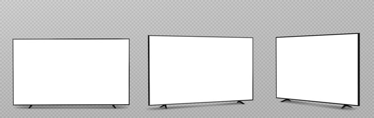 Screen tv mockup set with blank white displays and black frames on transparent background for presentation or media content. Modern flat television monitors with stands for digital advertising design.